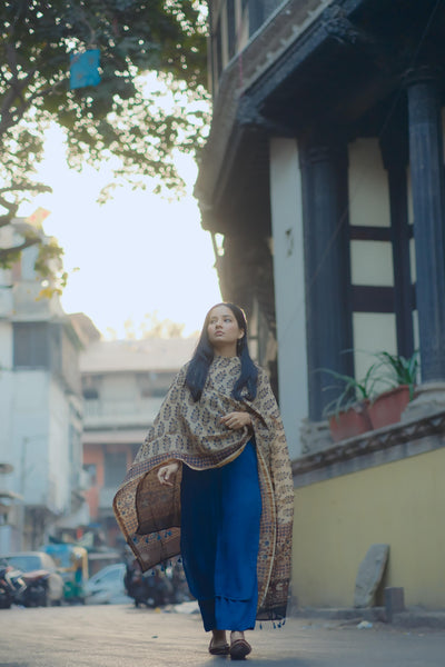 Beige Ajrakh Chanderi Silk Dupatta