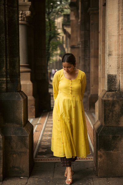 Genda Phool Khadi Cotton Jamdani Kalidaar Kurta