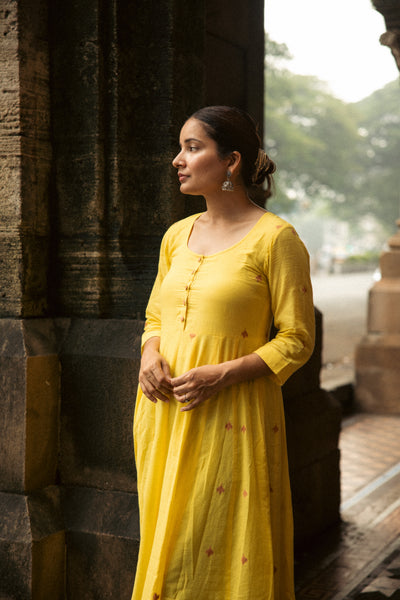 Genda Phool Khadi Cotton Jamdani Kalidaar Kurta